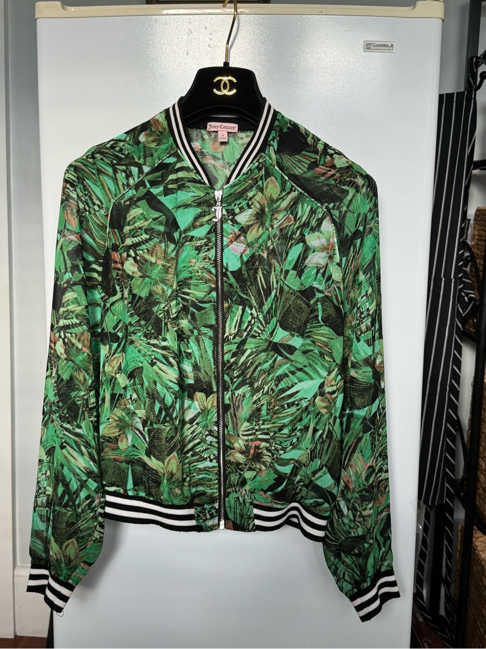 Juicy Couture Green Tropical Print Bomber Jacket
